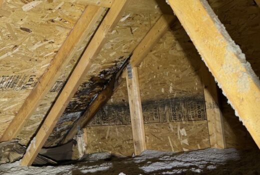 Inside of leaking roof with storm damage.